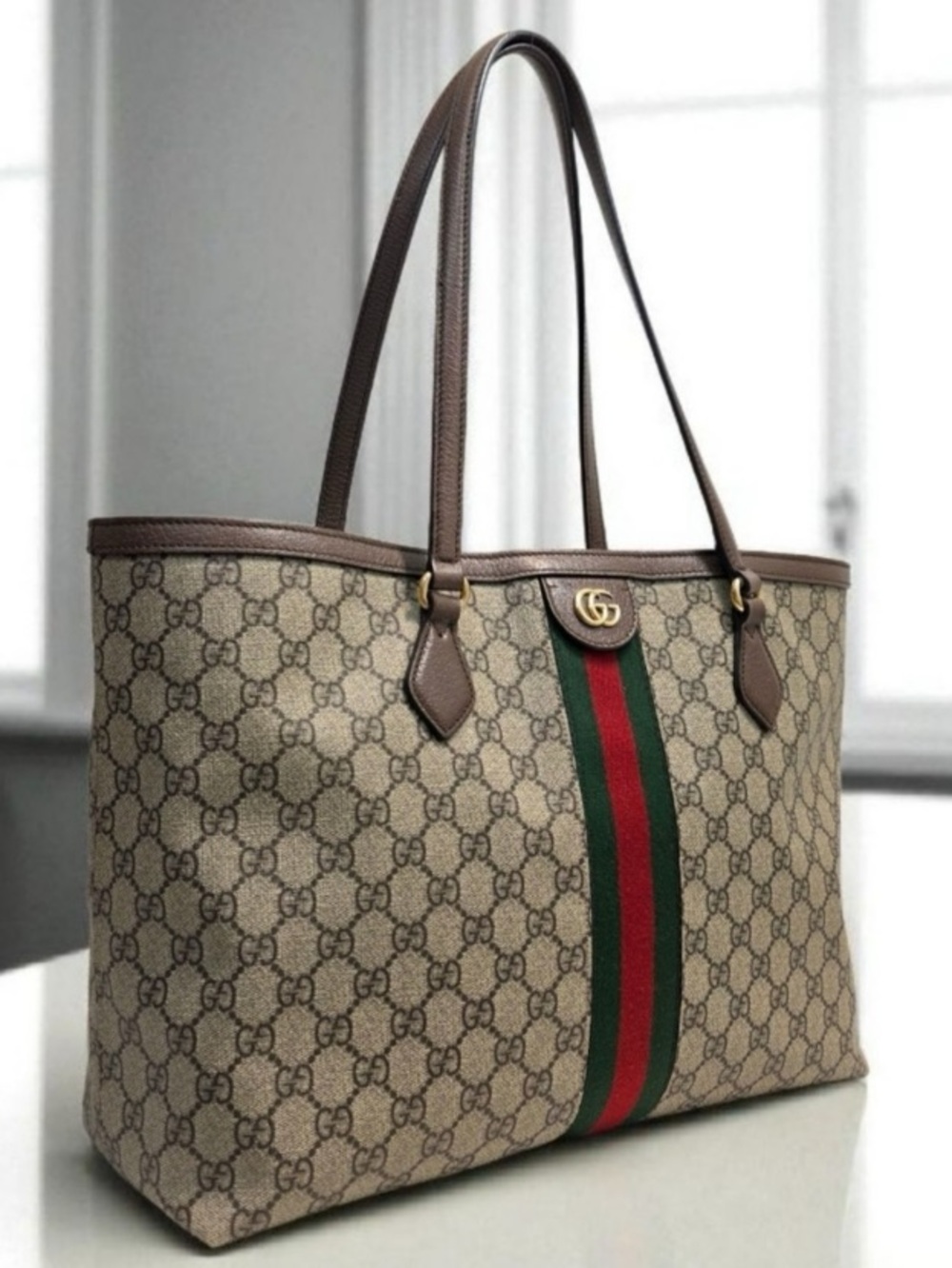 Gucci Beige GG Supreme Canvas Tote with Brown Leather Trim and Web Stripe